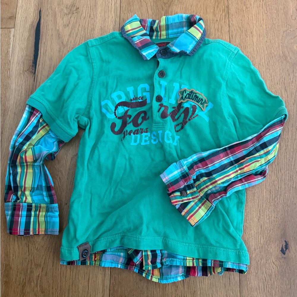 Catimini Teal Polo with Multicolor Plaid Accents